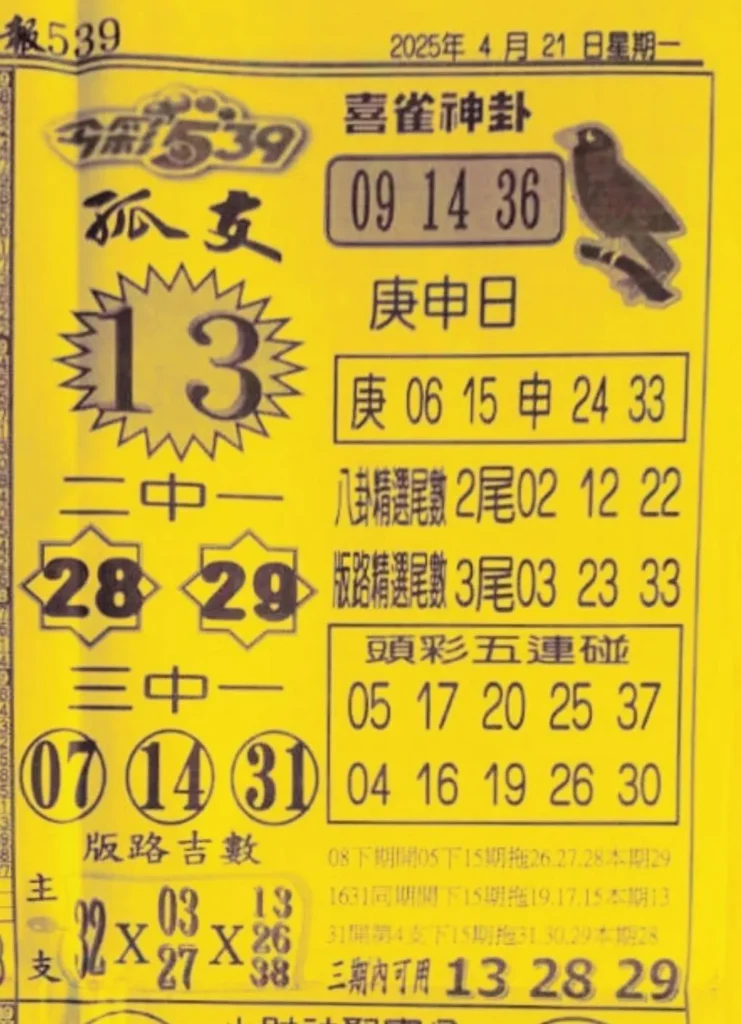 2025年04月21日-喜雀神掛539小黃單