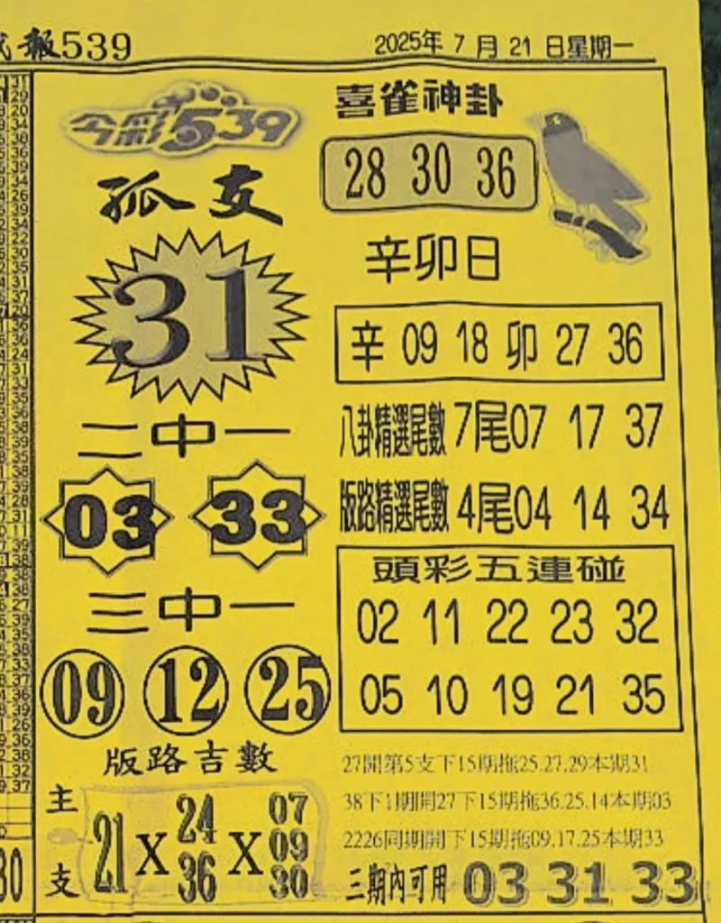 2025年07月21日-喜雀神掛539小黃單