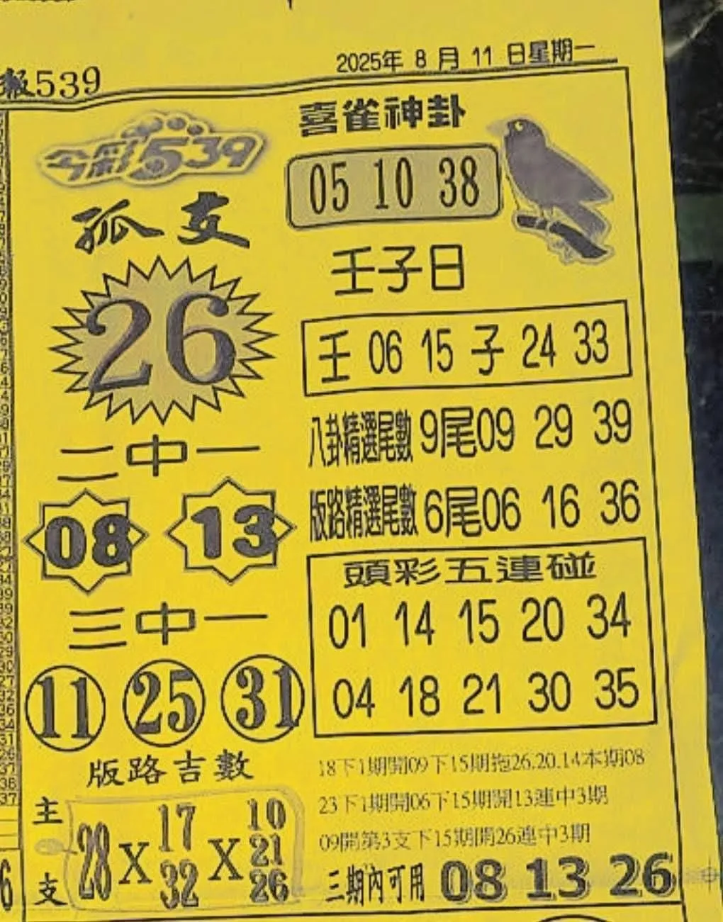 2025年08月11日-喜雀神掛539小黃單
