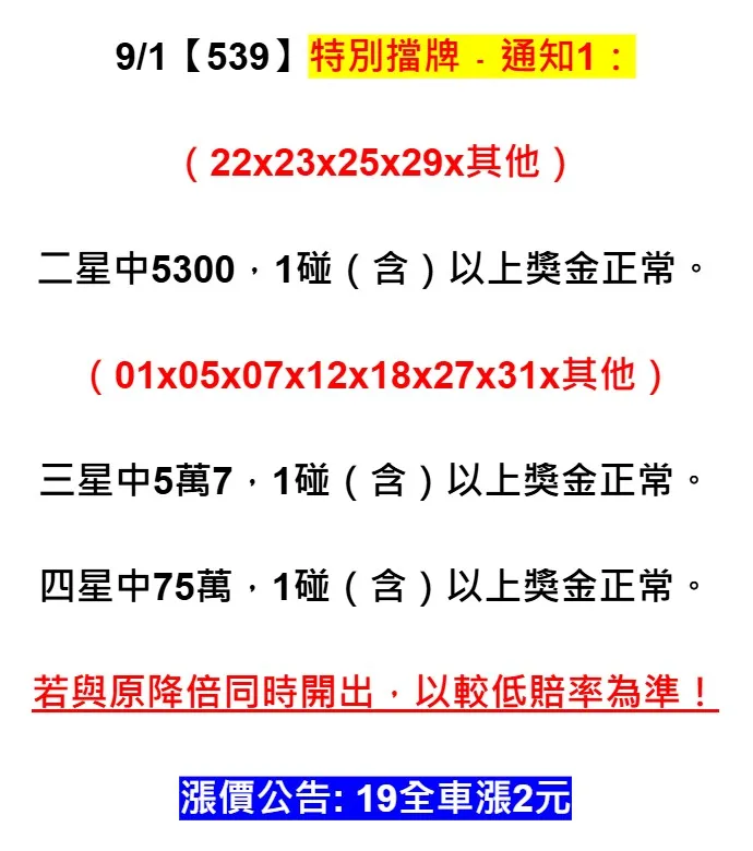 2025年09月01日-539特別擋牌單