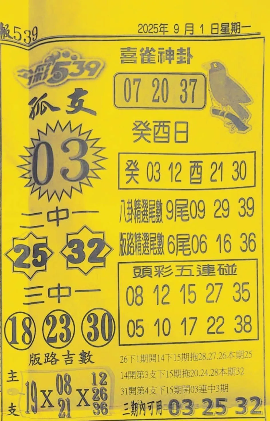2025年09月01日-喜雀神掛539小黃單