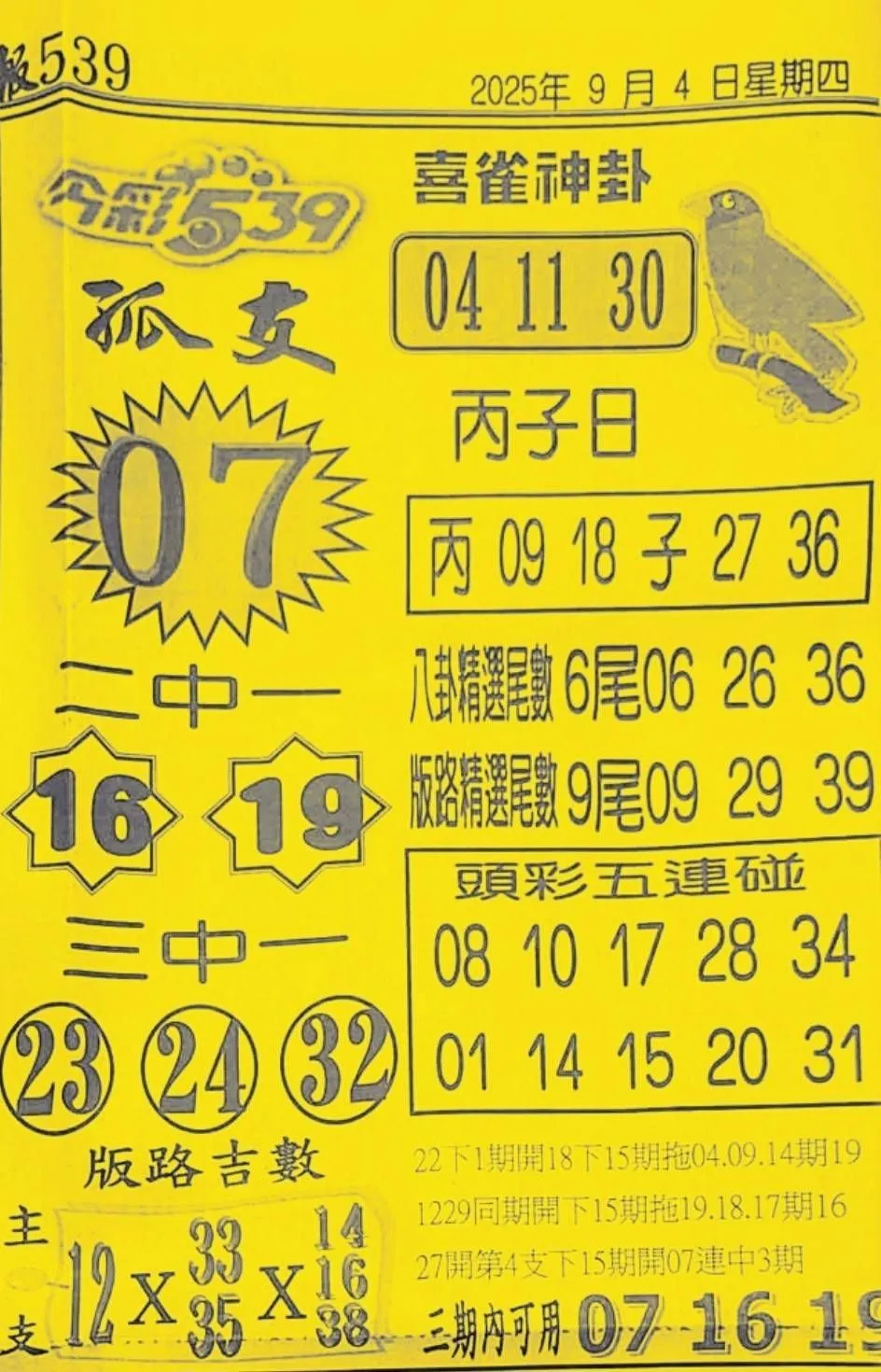 2025年09月04日-喜雀神掛539小黃單