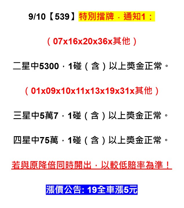 2025年09月10日-539特別擋牌單