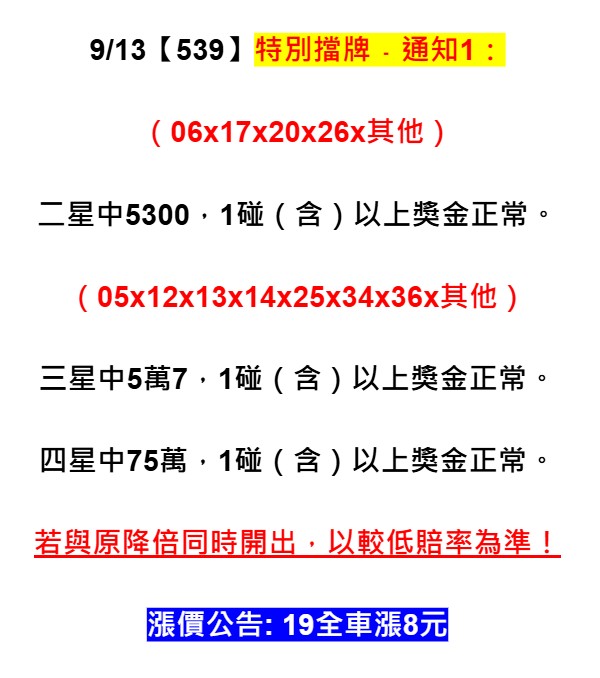 2025年09月13日-539特別擋牌單