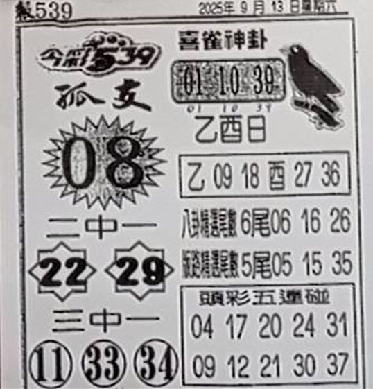 2025年09月13日-喜雀神掛539小黃單