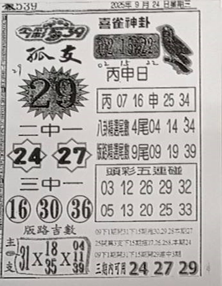 2025年09月24日-喜雀神掛539小黃單