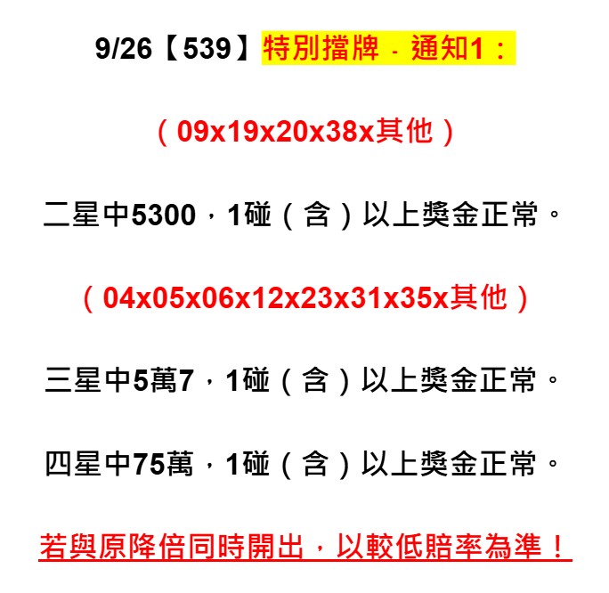 2025年09月26日-539特別擋牌單