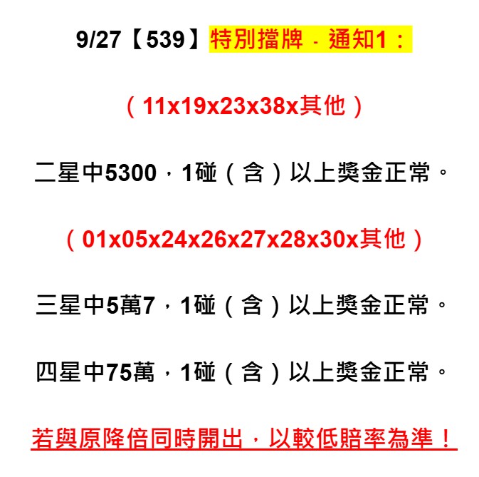 2025年09月27日-539特別擋牌單