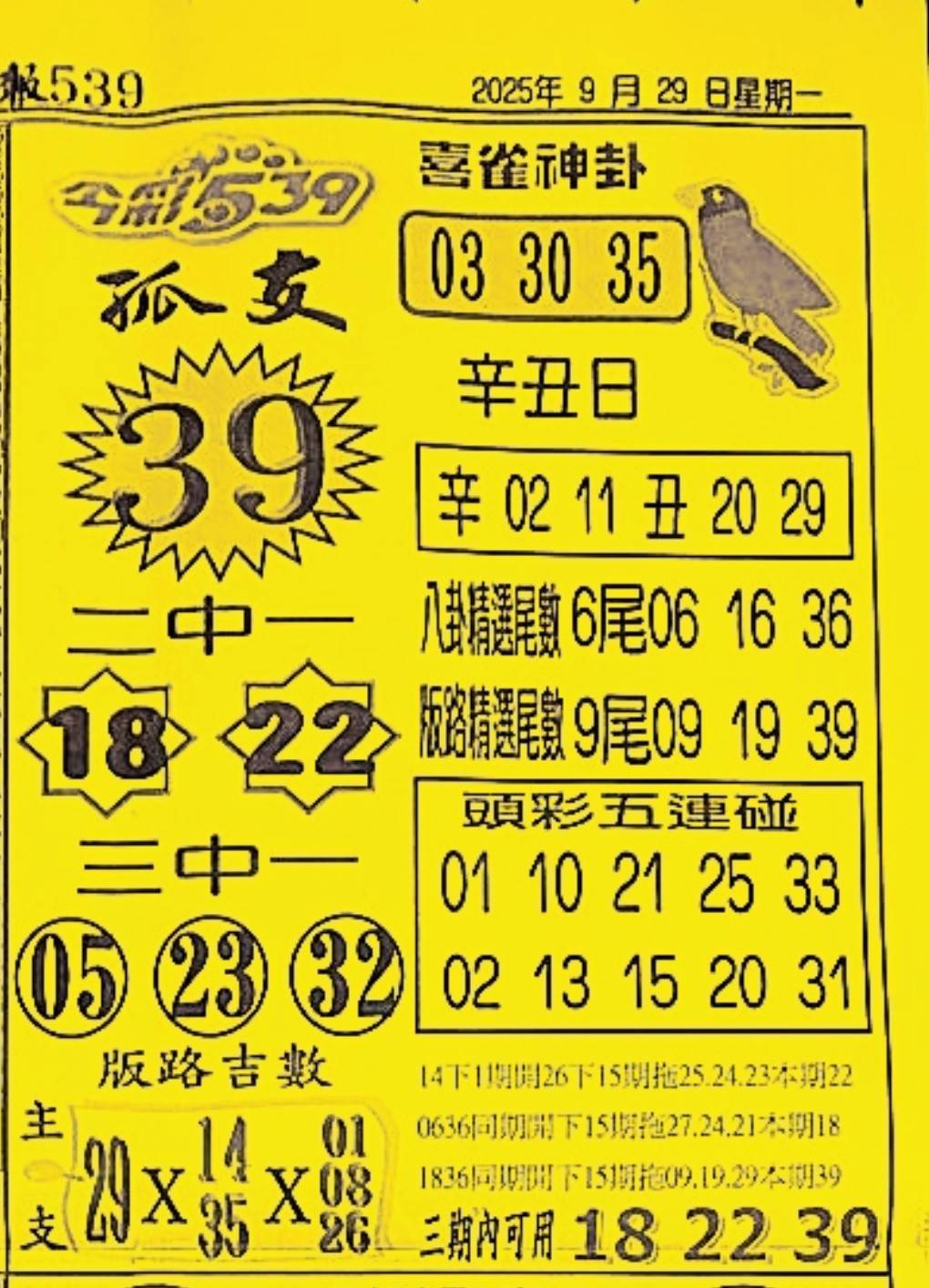 2025年09月29日-喜雀神掛539小黃單