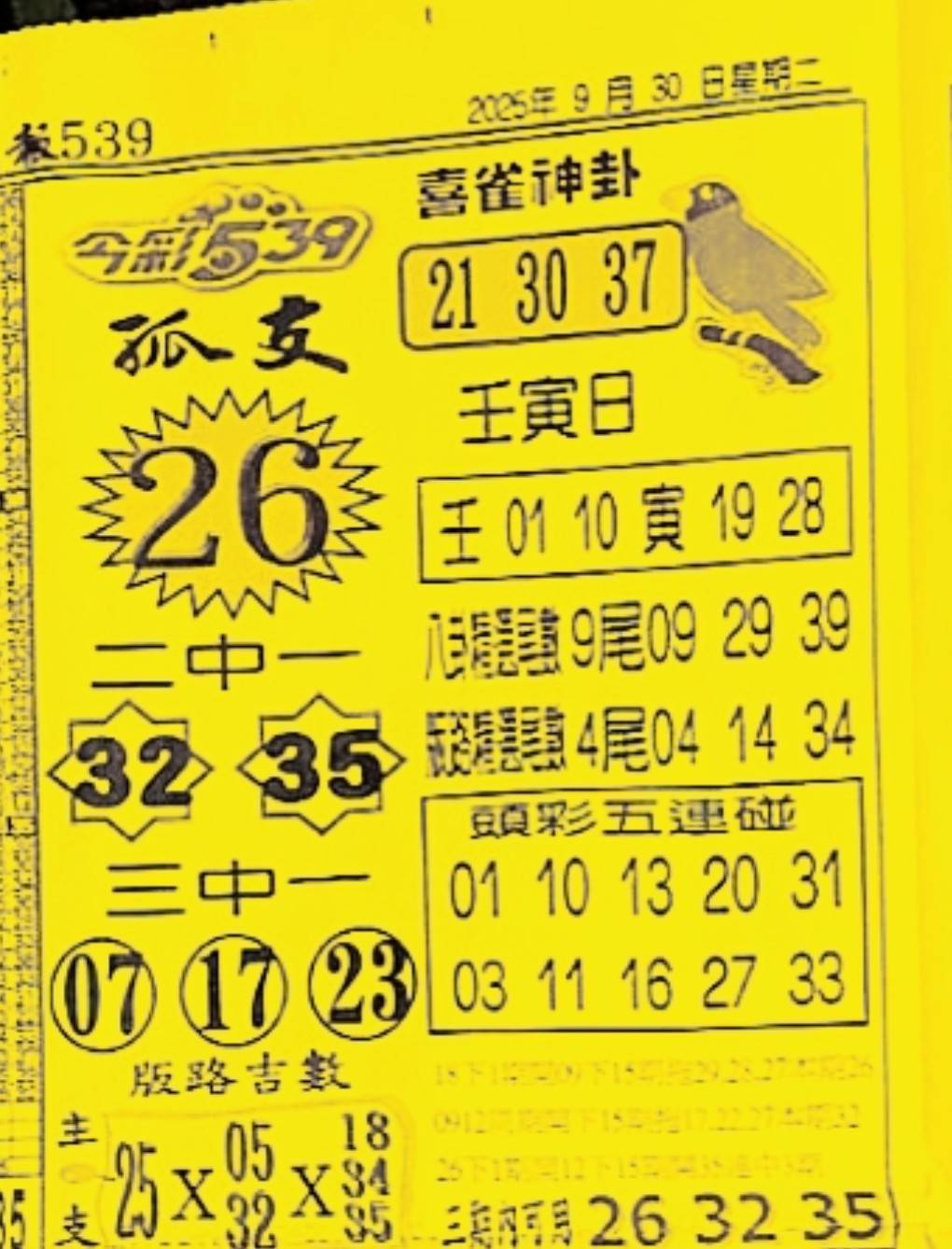 2025年09月30日-喜雀神掛539小黃單