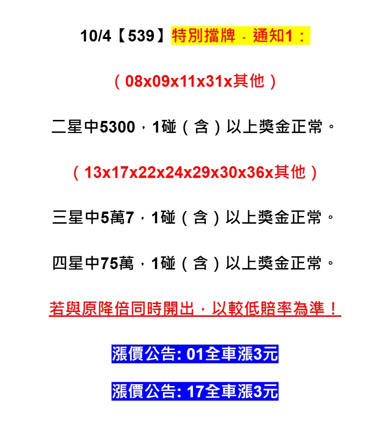 2025年10月04日-539特別擋牌單